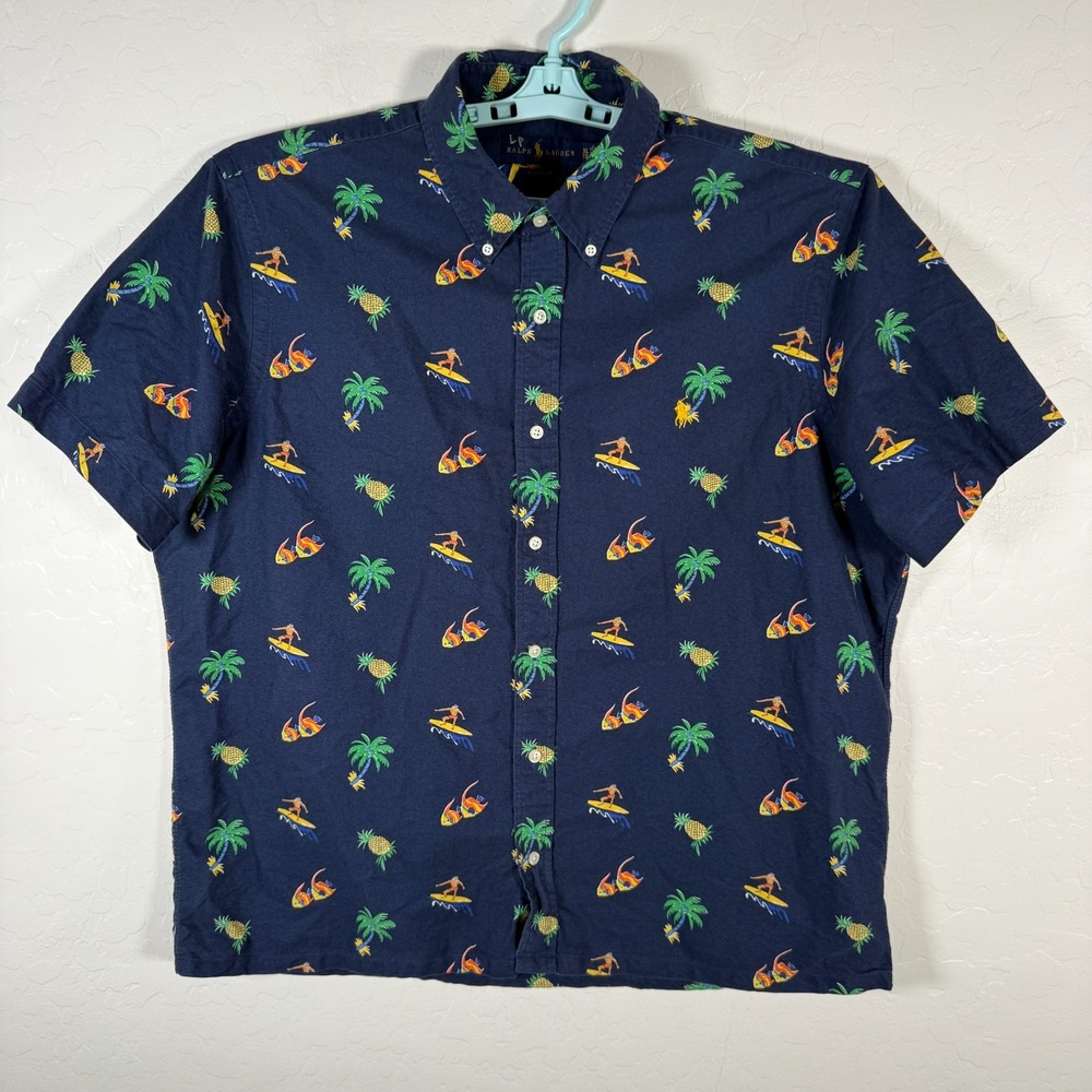 Ralph Lauren Shirt Mens XL Blue Button Down Surfer Fish‎ Palms Tropical Classic